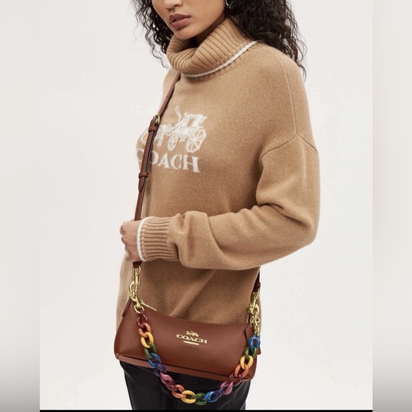 COACH Charlotte Brown Leather Shoulder Bag With Rainbow Chain Limited Edition - Picture 3 of 11